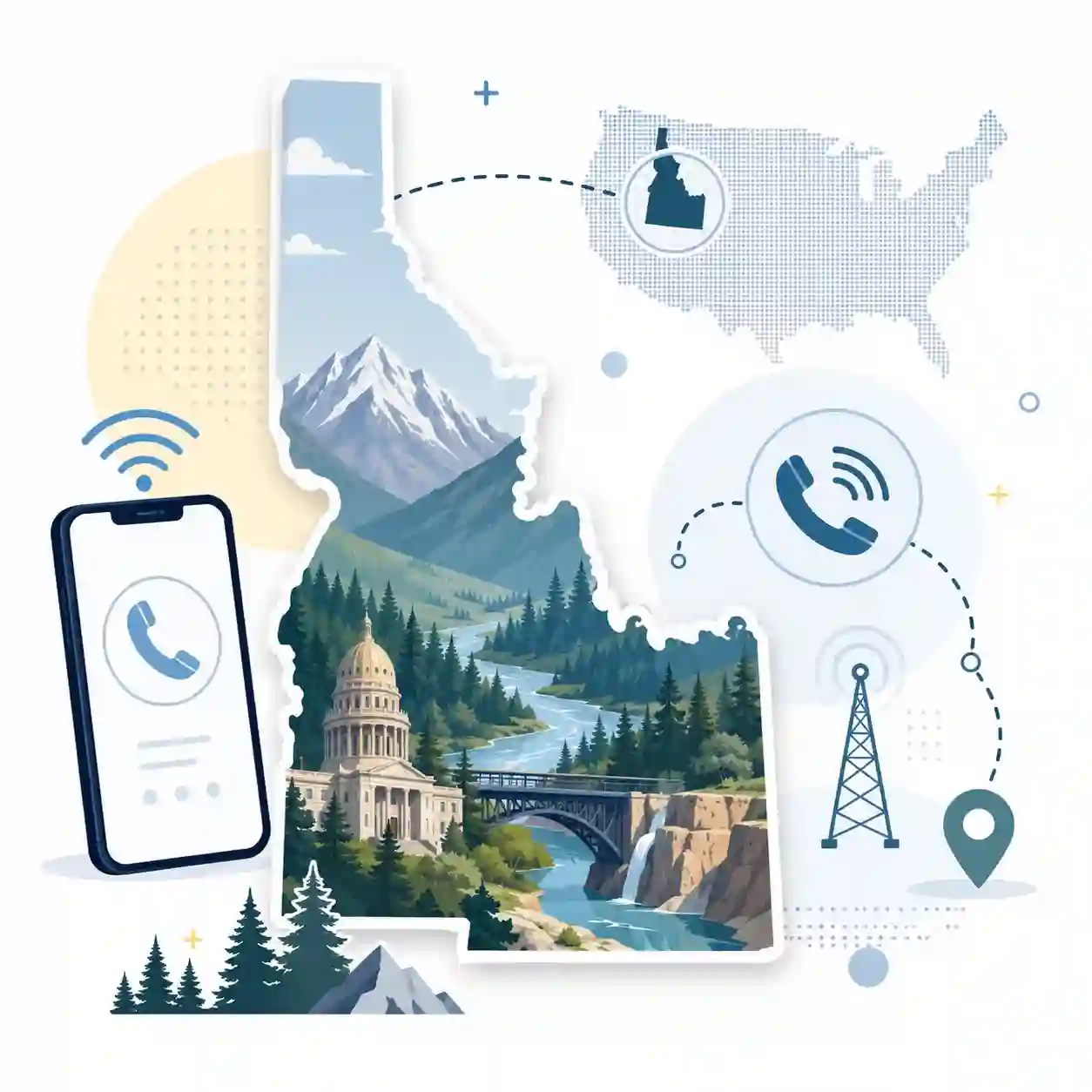 Idaho state map with icons for mobile, office, remote team and call center connected to a central phone pin